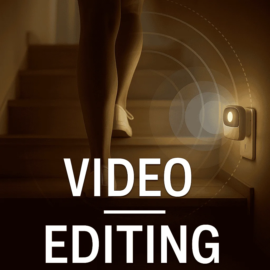 Stylized graphic with the words VIDEO EDITING in bold white text on a dark gradient background
